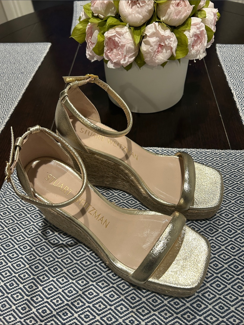 Stuart Weitzman Metallic Gold Espadrille Ankle-Strap Wedges